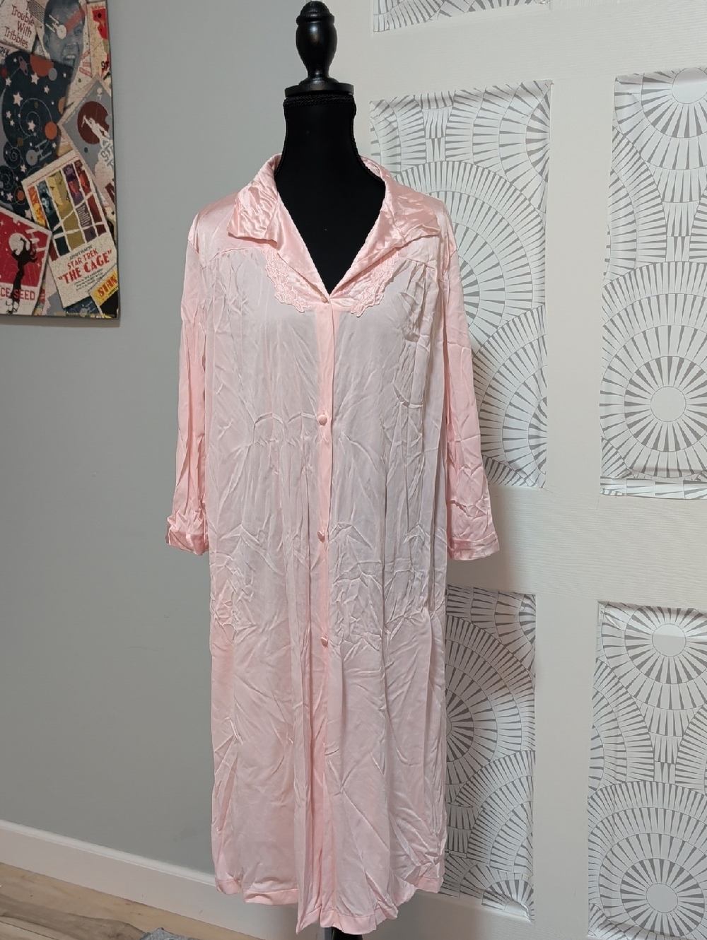Vintage Pale Pink Satin Button-Front Nightgown With Pockets